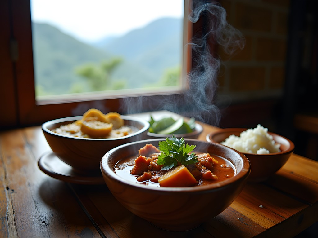 Traditional Dominican mountain cuisine served in wooden bowls in La Vega restaurant