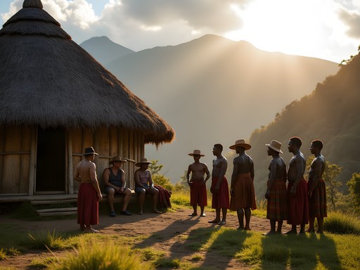 Cultural exchange in a traditional Papua New Guinea highland village with local residents and trekkers