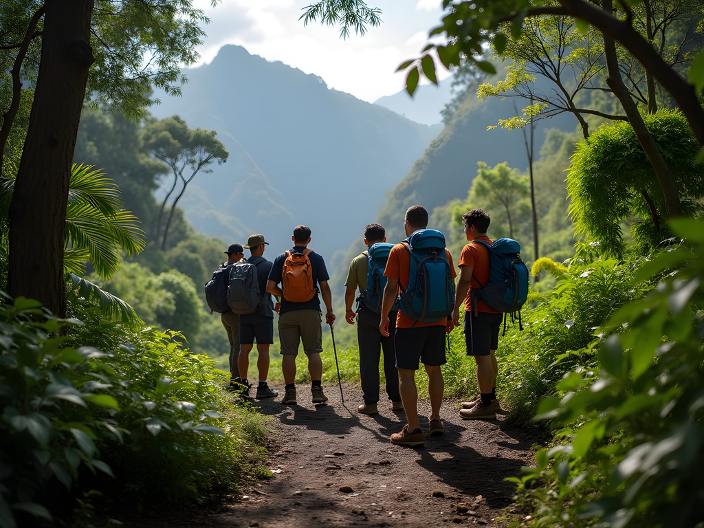 Trekkers beginning highland journey at Mumeng trailhead with local guides