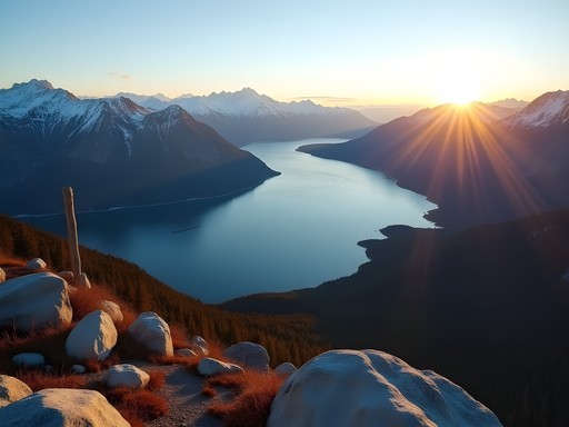 Panoramic view of Lake Baikal from a mountain ridge on the Great Baikal Trail