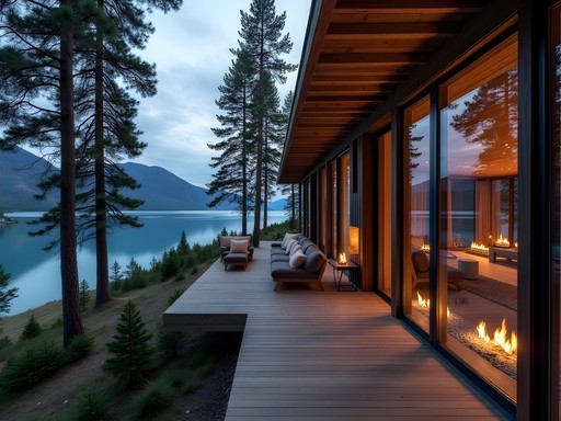 Eco-luxury lodge with panoramic windows overlooking Lake Baikal and mountains