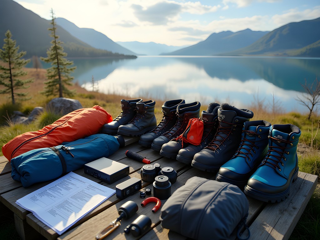 Hiking gear organized for Pribaikalsky mountain expedition with Lake Baikal in background