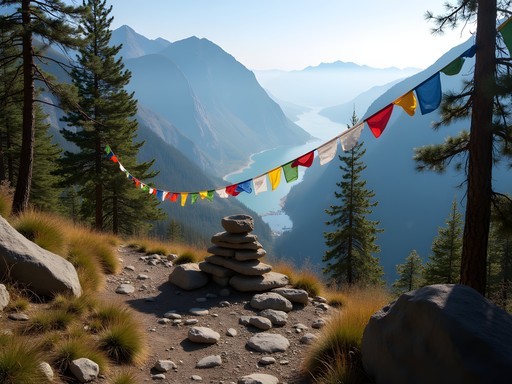 Colorful prayer flags and stone cairn at mountain pass in Pribaikalsky National Park