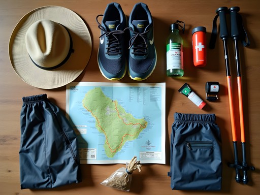 Essential hiking gear laid out for Fiji mountain trekking including water filter, trail shoes and sun protection