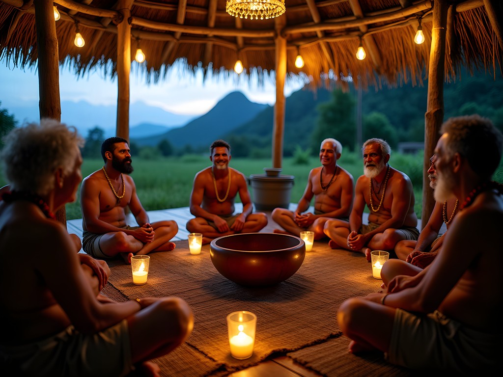 Traditional kava ceremony in Fijian highland village with mountains in background