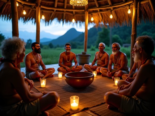 Traditional kava ceremony in Fijian highland village with mountains in background