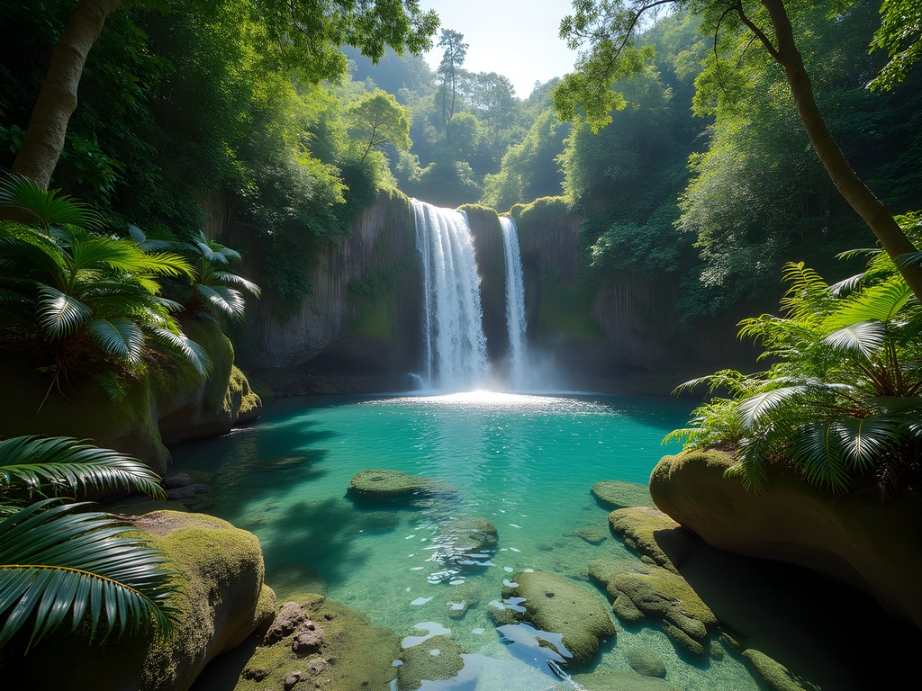Crystal clear swimming hole beneath tropical waterfall in Fiji rainforest