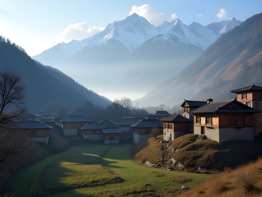 Traditional Naxi village with wooden houses and Jade Dragon Snow Mountain in background