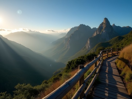 Panoramic view from Balcões viewpoint showing dramatic Madeira mountain landscape with couple enjoying the vista