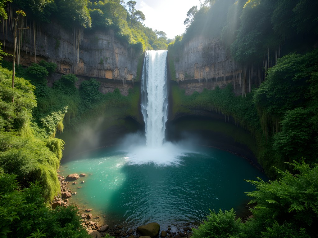 100-meter Caldeirão Verde waterfall cascading into emerald pool surrounded by vertical rock walls and lush vegetation