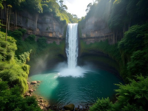 100-meter Caldeirão Verde waterfall cascading into emerald pool surrounded by vertical rock walls and lush vegetation