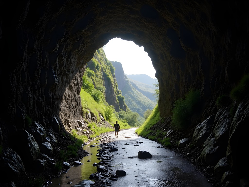 Dramatic tunnel entrance on Levada Fajã do Rodrigues with hikers using headlamps to illuminate the dark passage