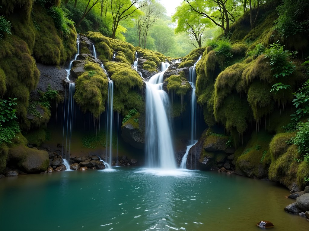 Multiple water streams cascading down moss-covered rock face into clear pool at Levada das 25 Fontes