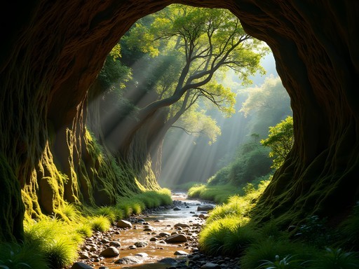 Natural tunnel formed by ancient laurel trees arching over Levada do Rei trail with dappled sunlight