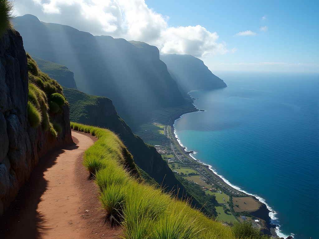 Dramatic coastal view from Levada do Furado trail showing northeastern Madeira coastline and Atlantic Ocean