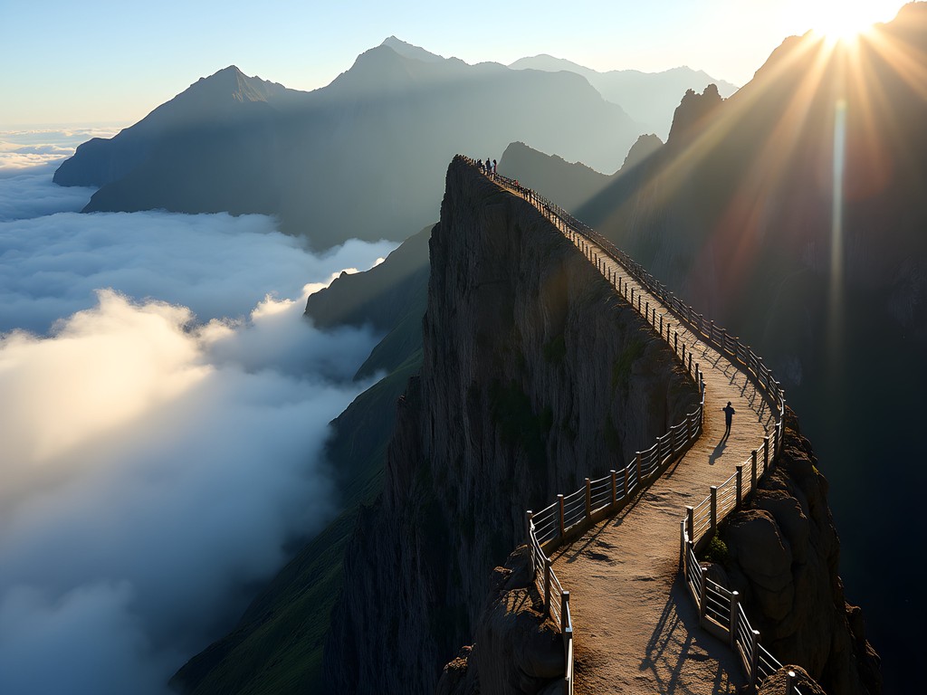 Dramatic mountain ridge trail between Pico do Arieiro and Pico Ruivo with hikers traversing above clouds