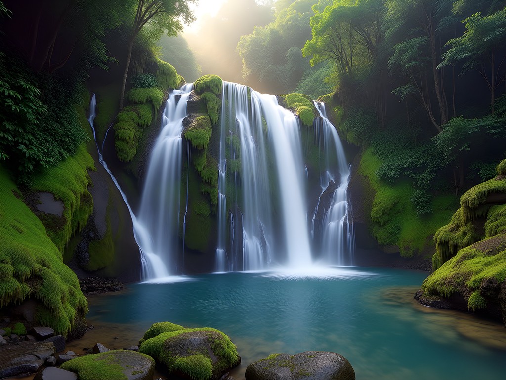 Spectacular 25 Fontes waterfall in Madeira with multiple water streams cascading down moss-covered rock face