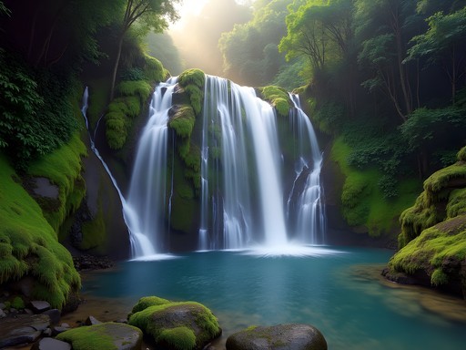 Spectacular 25 Fontes waterfall in Madeira with multiple water streams cascading down moss-covered rock face