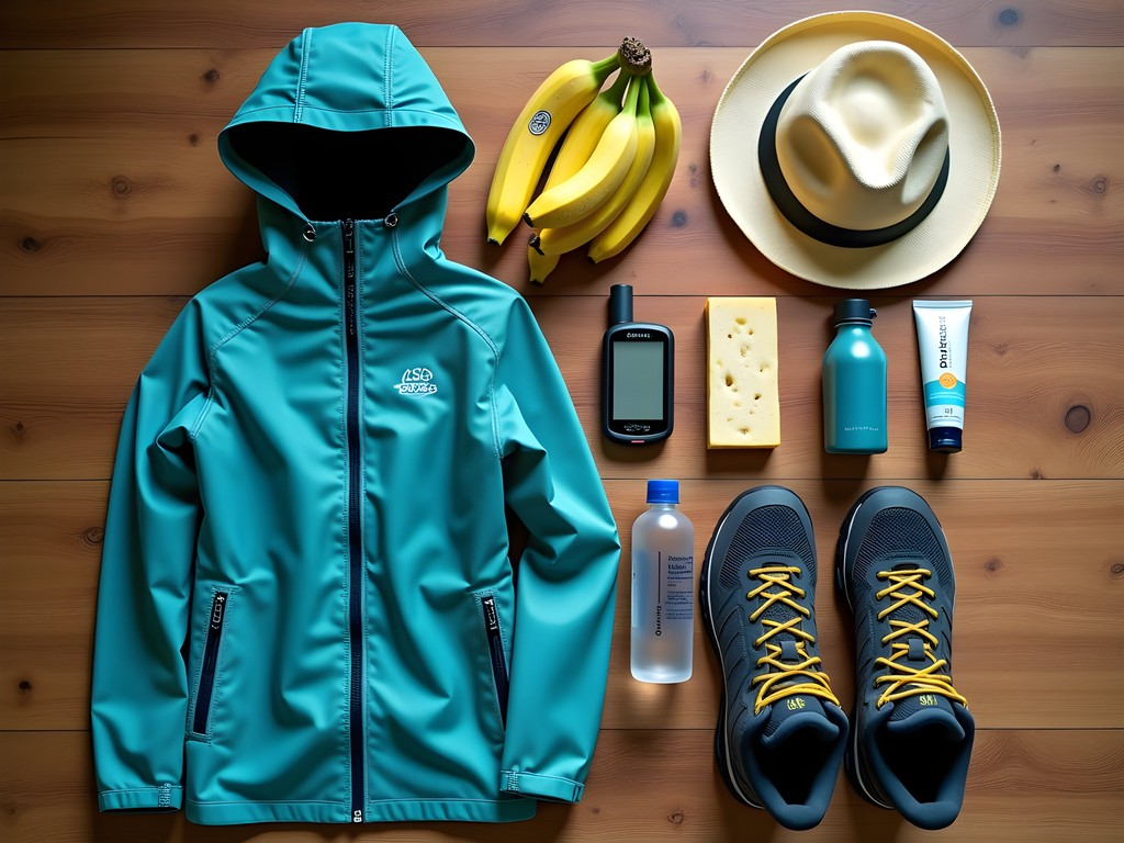 Essential hiking gear laid out for Madeira levada walks including waterproof boots, rain jacket, GPS and local trail snacks
