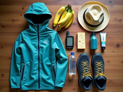 Essential hiking gear laid out for Madeira levada walks including waterproof boots, rain jacket, GPS and local trail snacks