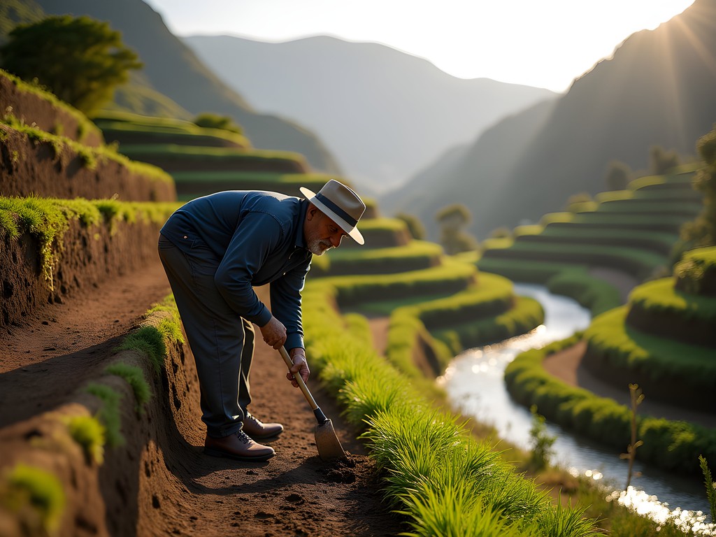 Elderly Madeiran farmer working traditional terraced fields irrigated by levada water system