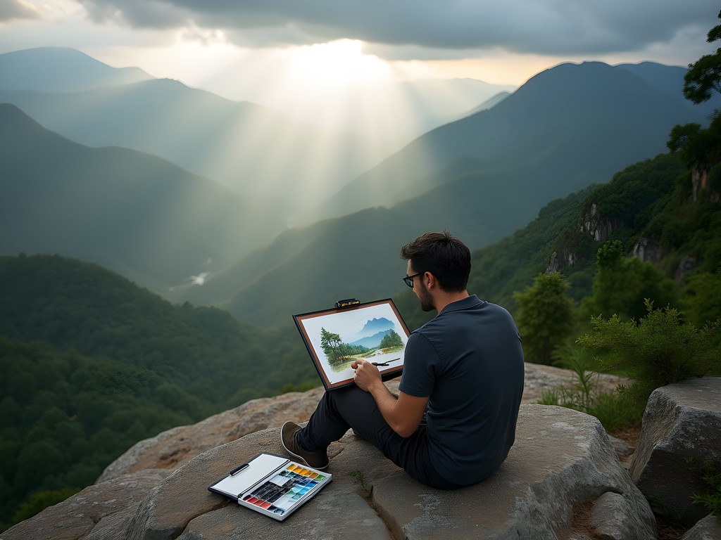 Artist sketching mountain landscape in Henri Pittier National Park with watercolors