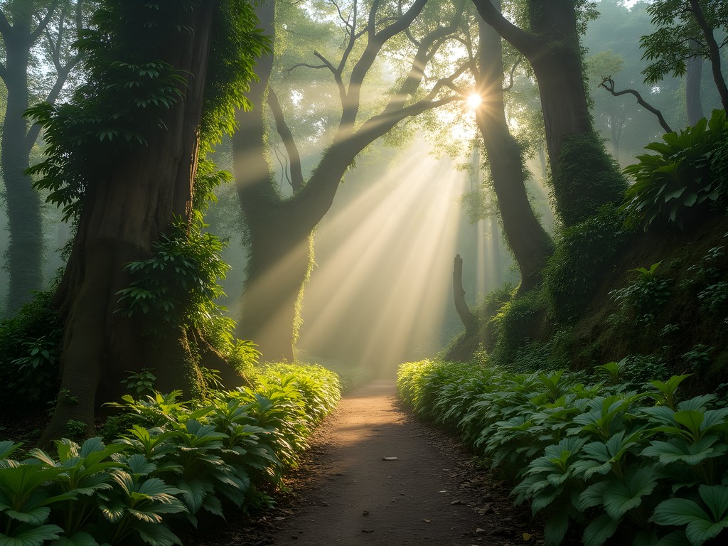Misty cloud forest trail in Henri Pittier National Park with sunlight filtering through dense canopy