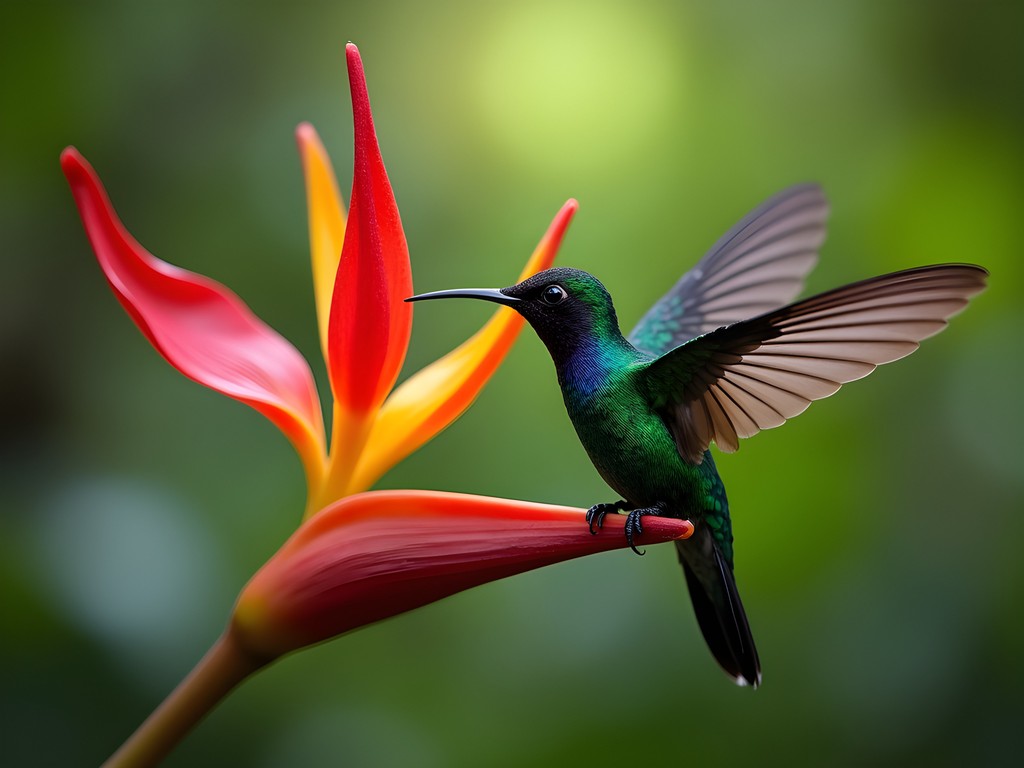 Iridescent hummingbird feeding on bright red heliconia flower in Henri Pittier National Park