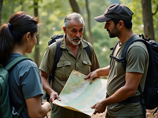 Local guide showing trail map to hikers in Henri Pittier National Park