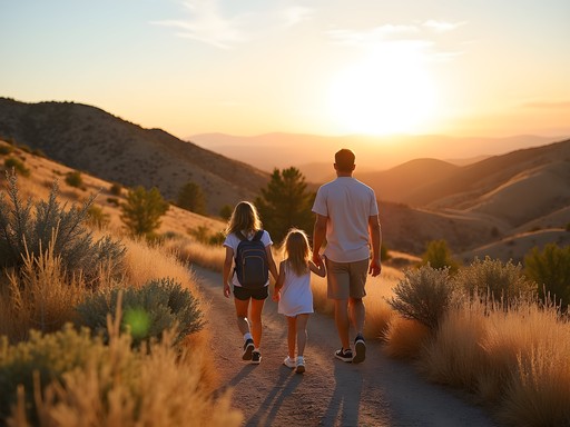 Family hiking on wildflower-lined trails in the Boise Foothills with city views below