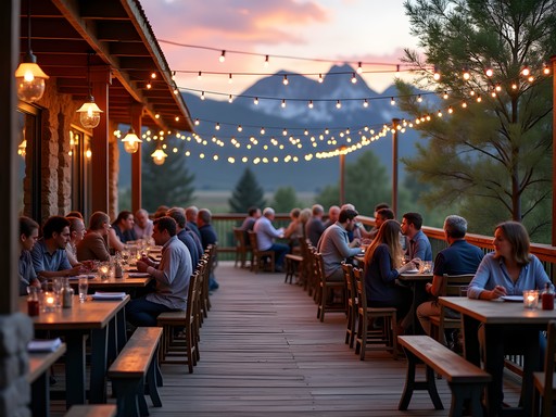 Outdoor dining patio at a mountain town restaurant with scenic mountain views in Idaho
