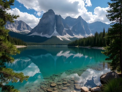 Dramatic Sawtooth Mountain range reflecting in Redfish Lake on a clear summer day in Idaho