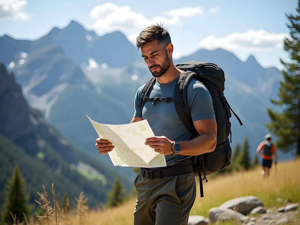 Outdoor adventurer reviewing trail map at Sawtooth Range trailhead with backpack and hiking gear
