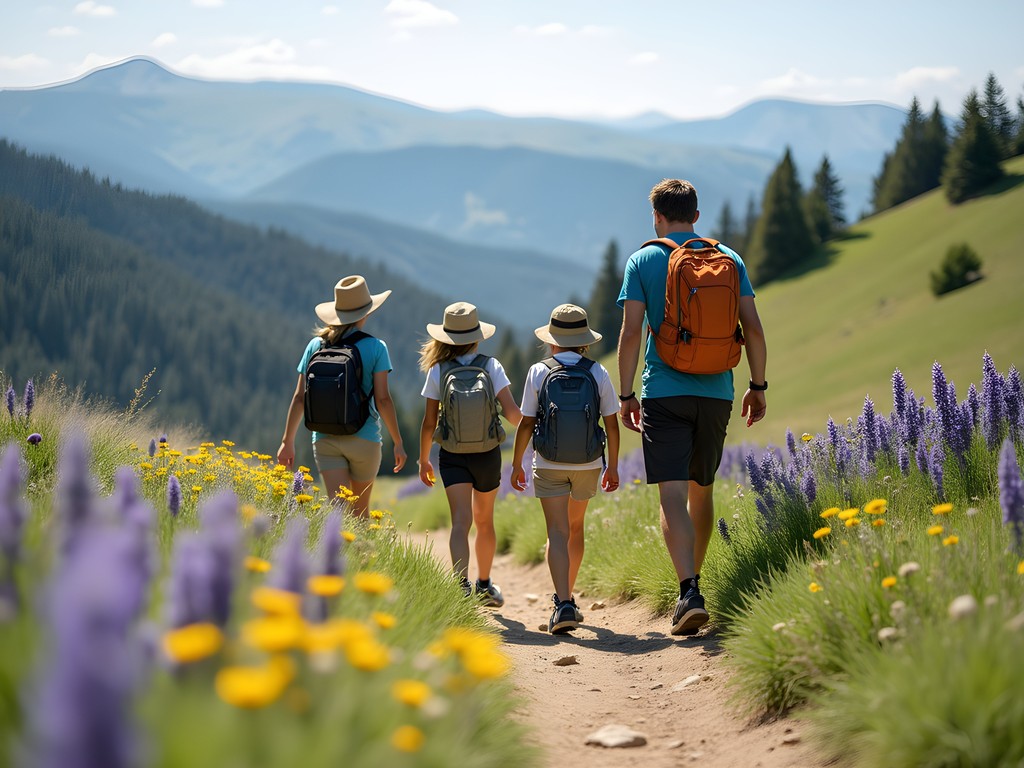 Family hiking through wildflower meadows on Bogus Basin trails in summer with mountain views