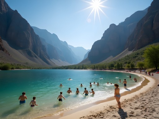 Families enjoying Lucky Peak Reservoir beach with mountain canyon walls in background
