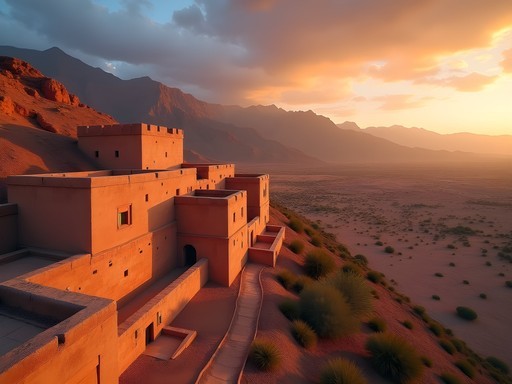 Ancient mud-brick kasbah of Ait Benhaddou with Atlas Mountains in background