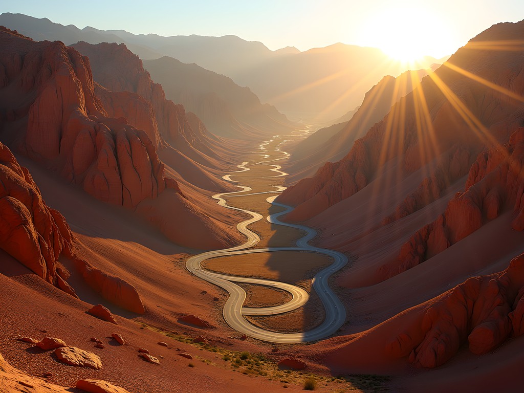 Winding road through dramatic red rock formations in Dades Valley, Morocco