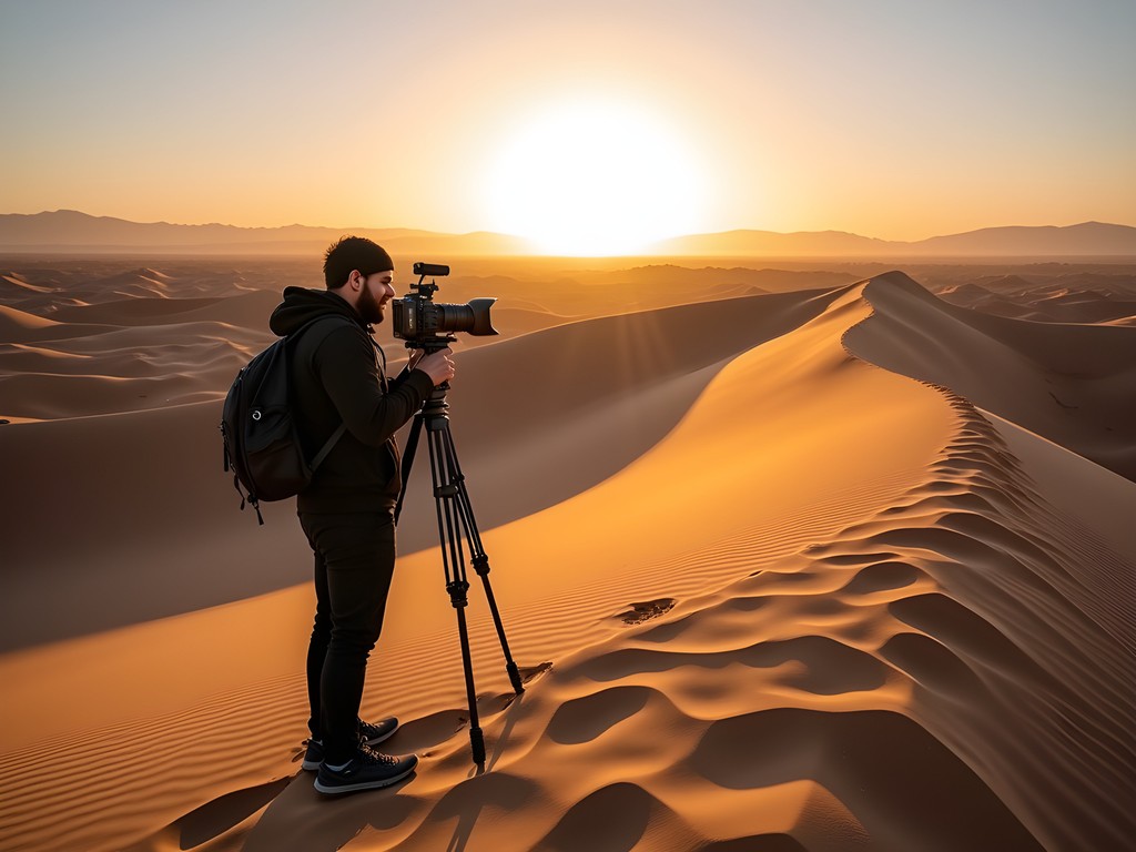 Woman recording sunrise sounds on golden dunes of Erg Chebbi, Merzouga