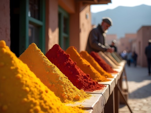 Colorful spice display at Rissani market with Atlas Mountains visible in distance