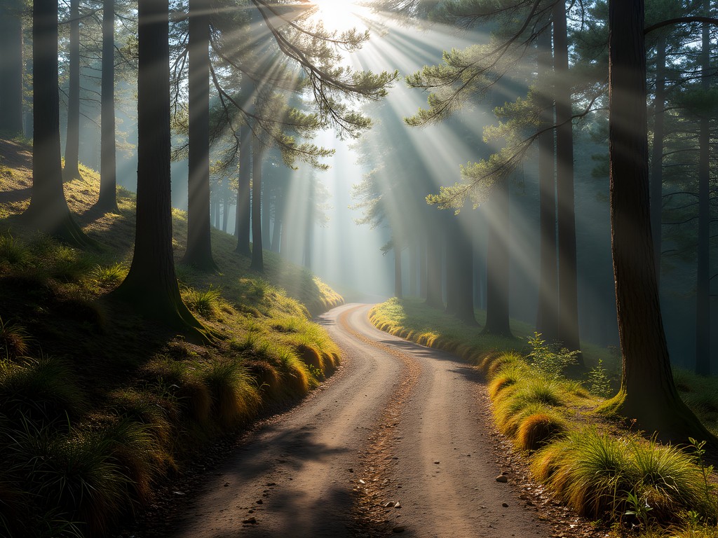 Pine forest trail on La Malinche volcano with morning light filtering through trees