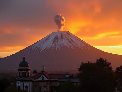 Popocatépetl volcano at sunrise with small eruption plume visible