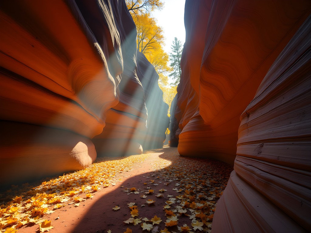 Dramatic slot canyon with autumn light creating golden patterns on red sandstone walls