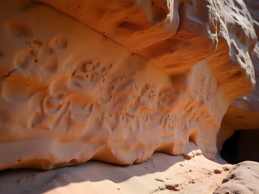 Ancient petroglyphs on sandstone cliff face along Miles City mountain trail