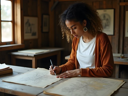 Young female researcher examining historical maps and documents at Range Riders Museum in Miles City