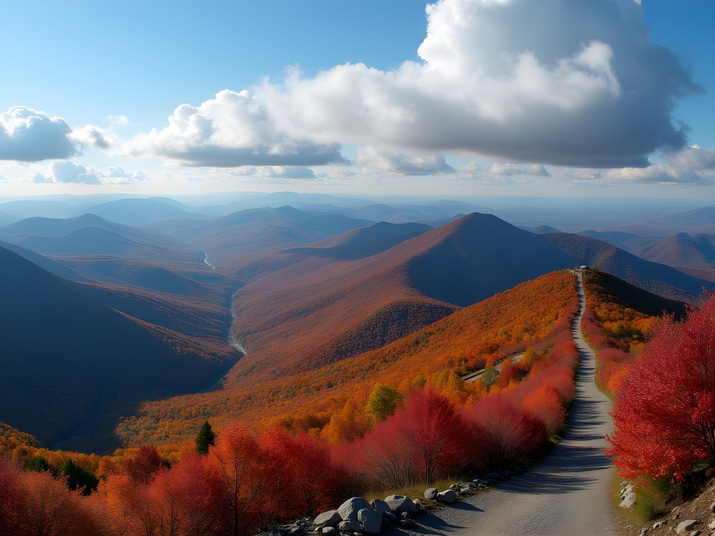 Panoramic view from Camel's Hump summit showing mountains covered in autumn foliage