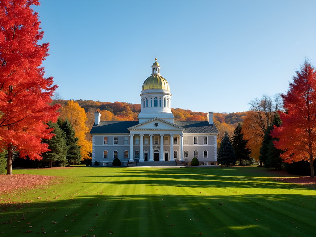 Vermont State House with gold dome surrounded by autumn foliage in Montpelier
