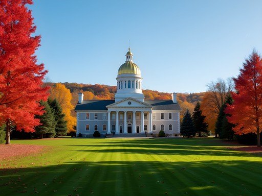 Vermont State House with gold dome surrounded by autumn foliage in Montpelier