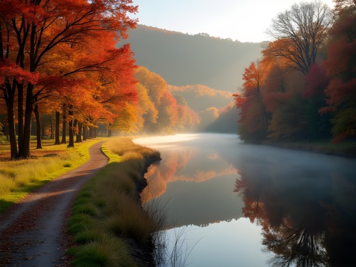North Branch River trail in Montpelier with fall foliage reflecting in calm water