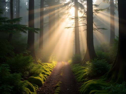 Misty forest path in Aberdare National Park with sunbeams filtering through trees