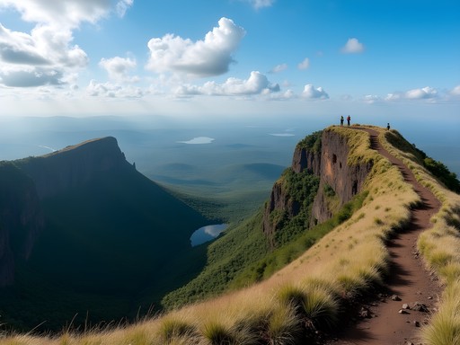 Hikers on Mount Longonot's crater rim with views of the crater and Great Rift Valley
